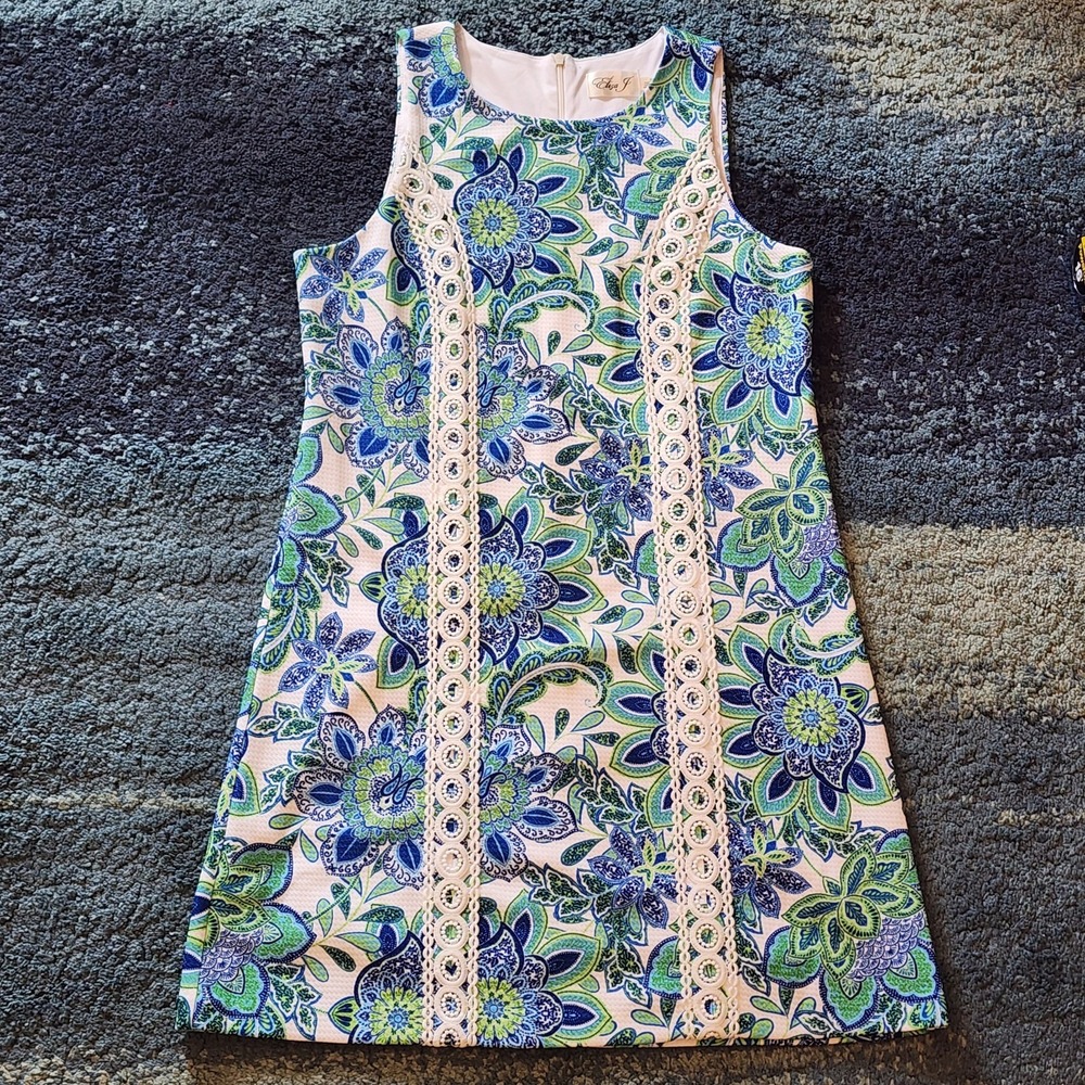 Eliza J Knee Length Sleeveless Embroidered White Green Blue Floral Dress Size 10 - Picture 2 of 13